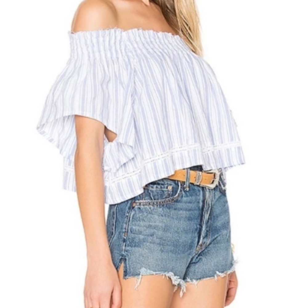 Faithfull The Brand Smocked Off the Shoulder Crop Top Blue Stripe